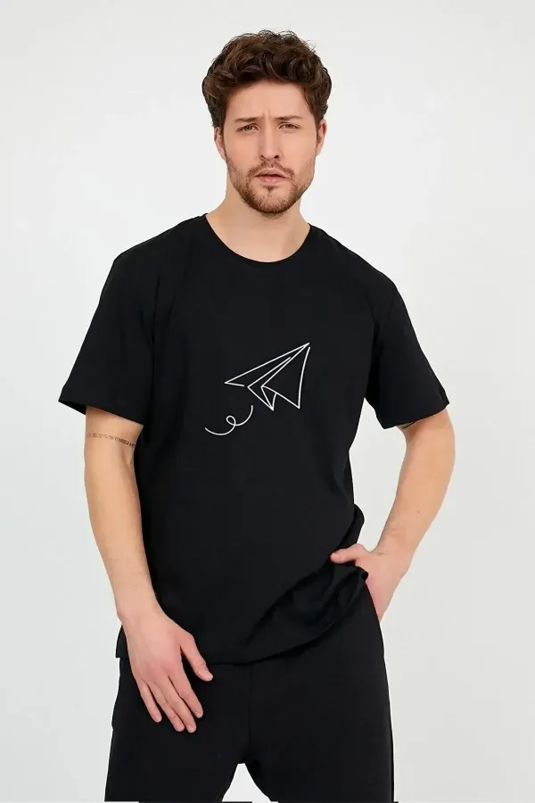 Erkek Siyah Önü Uçak Baskılı Bisiklet Yaka Oversize Pamuklu T-shirt