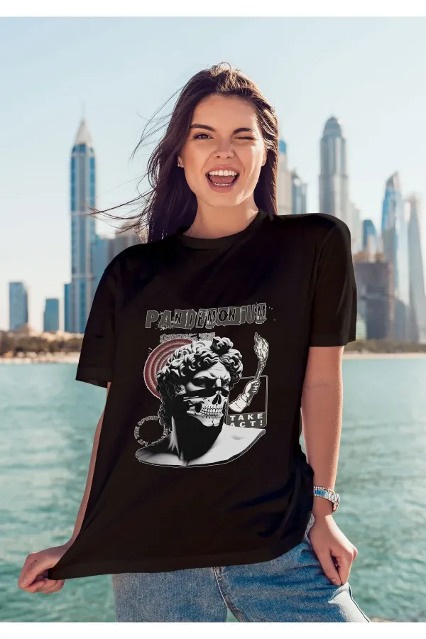 Unisex Erkek/Kadın PANDEMONIUM Renkli Özel Baskılı Oversize Pamuklu Bisiklet Yaka T-Shirt Tişört