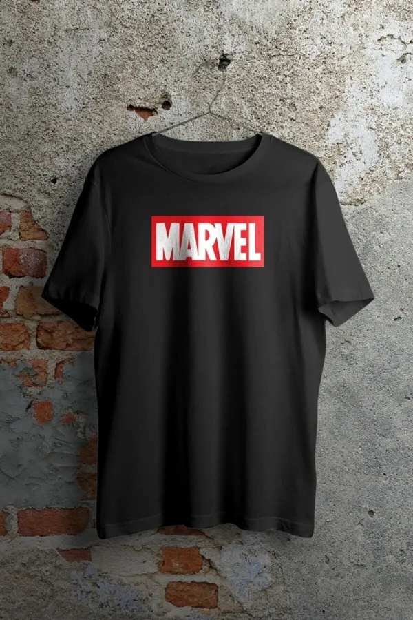 Marvel Logo Baskılı Siyah Kısa Kollu Unisex Tişört