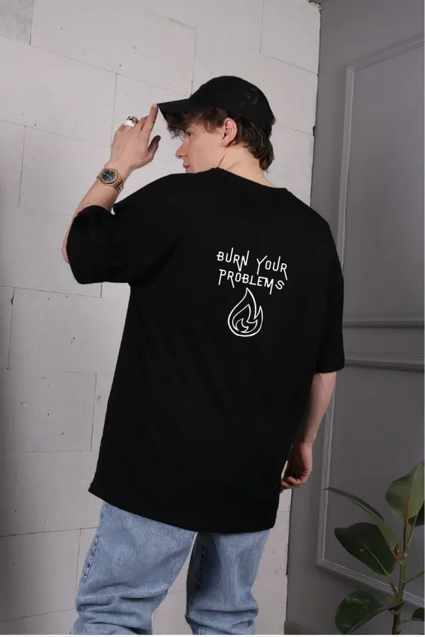 Men's Black Oversize Burn Your Problems Printed T-shirt