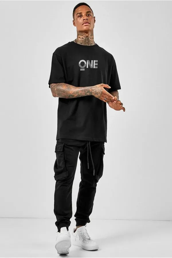 Oversize One Baskılı Siyah Tshirt