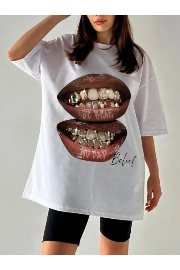 LIP Design Printed Oversize Crew Neck T-Shirt