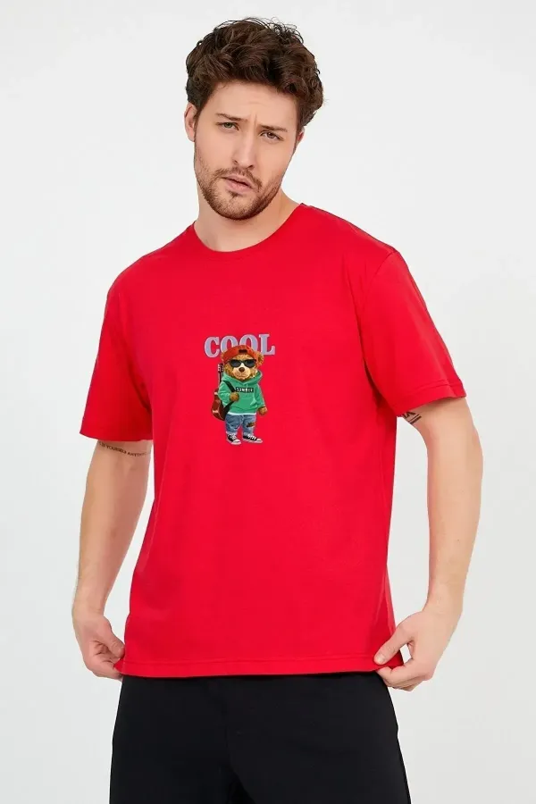 Erkek Kırmızı Önü Cool Ayıcık Baskılı Bisiklet Yaka Oversize Pamuklu T-shirt