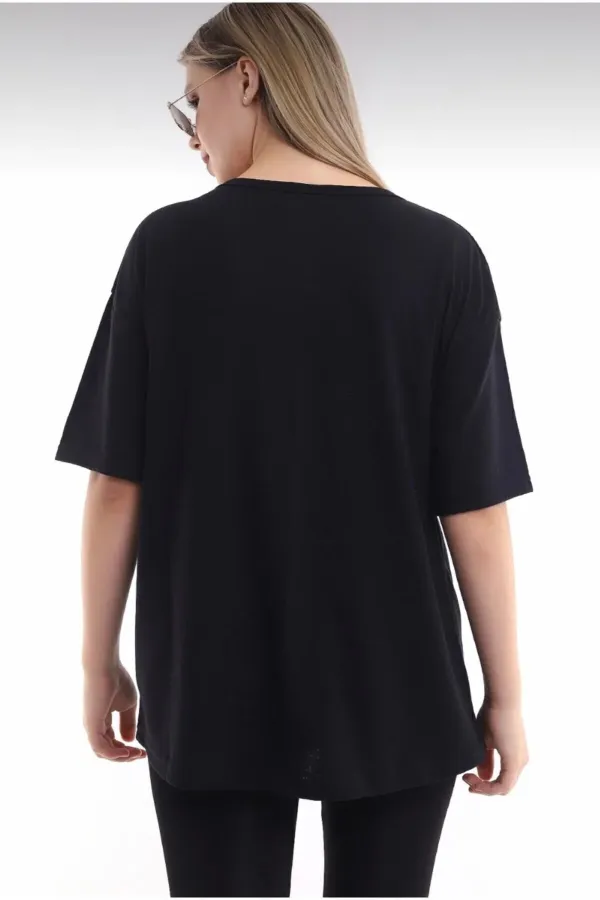 Unisex Pamuk Bisiklet Yaka Boyfriend Siyah Örme Oversize T-shirt