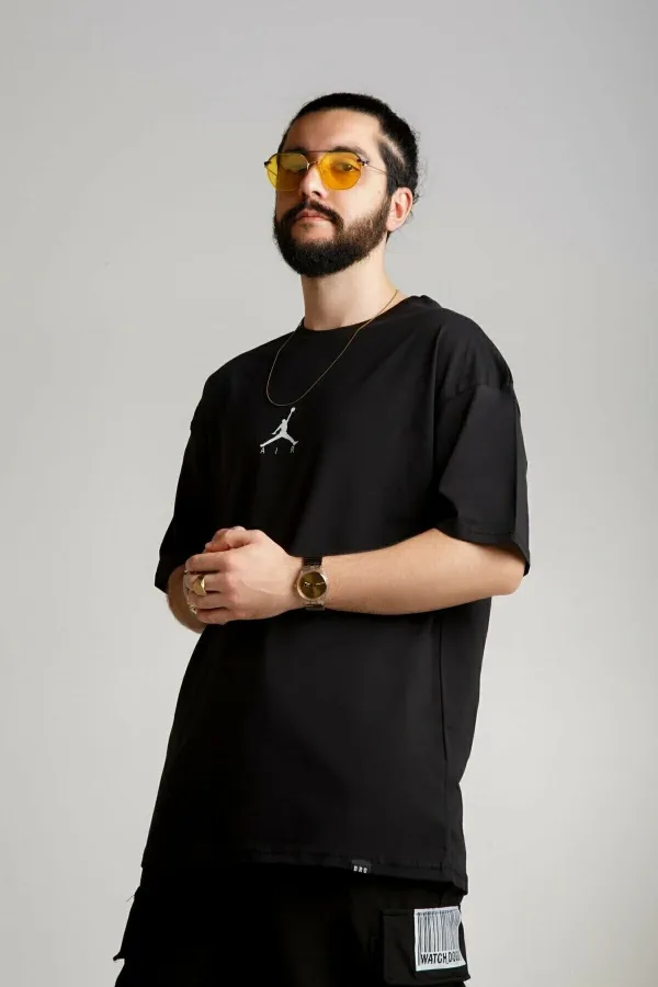 Erkek Siyah Oversize Baskılı Aır T-shirt