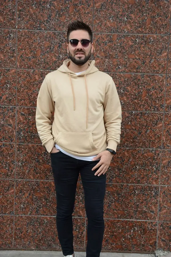 Erkek Krem Uzun Kollu Kapüşonlu Üst Kanguru Cepli Sweatshirt