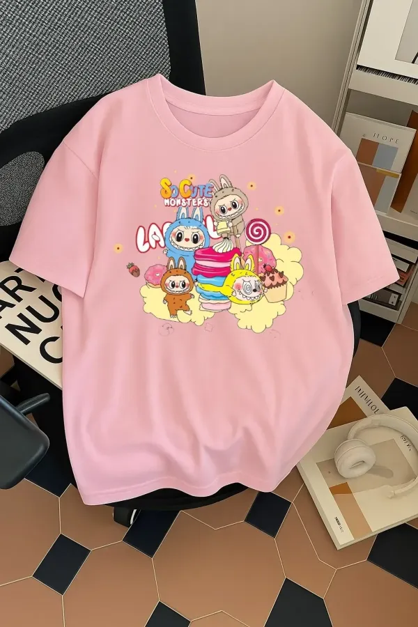 Unisex Erkek/Kadın Labubu So Cute Renkli Baskılı Oversize Pamuklu T-Shirt