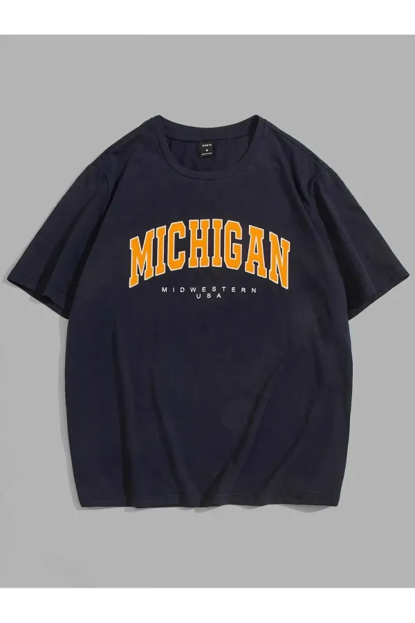 Unisex Navy Blue Michigan Printed Oversize T-shirt