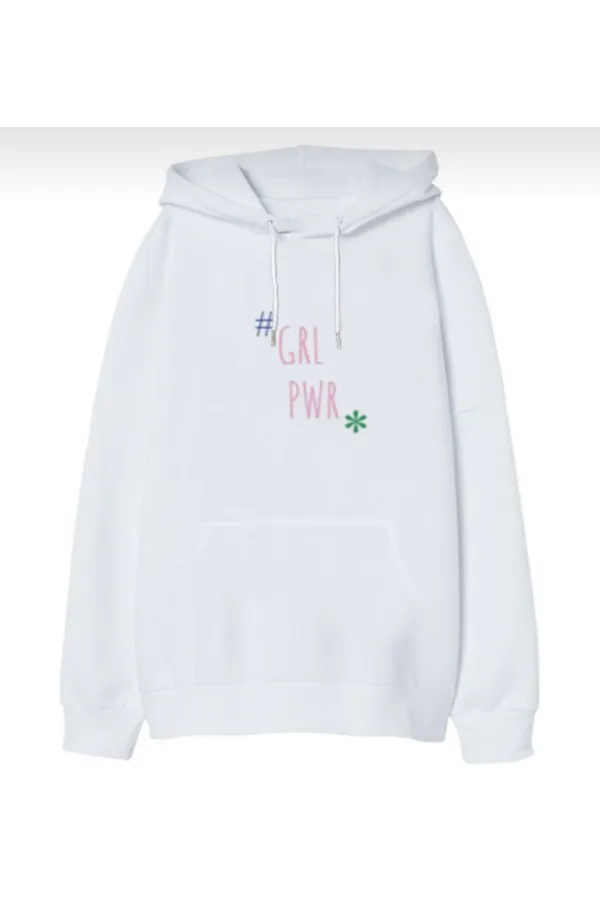 Unisex Beyaz Gril Power Baskılı Kapüşonlu Sweatshirt