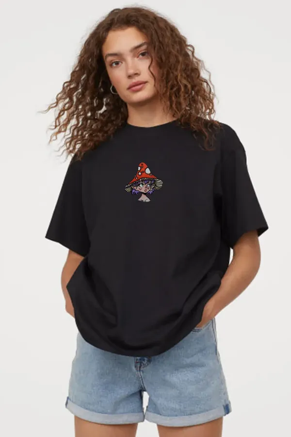Kadın Siyah Önü Mantar Şapkalı Kız Çocuk Baskılı Bisiklet Yaka Oversize Pamuklu T-shirt