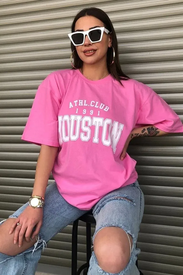 T-shirt oversize imprimé texte Houston rose pour femme