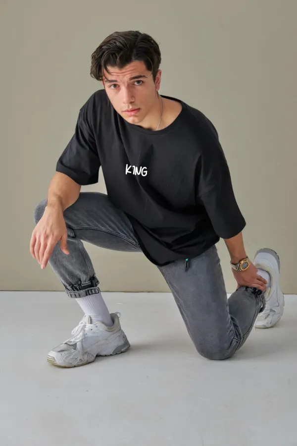 Men's Black Color Oversize King Printed T-shirt