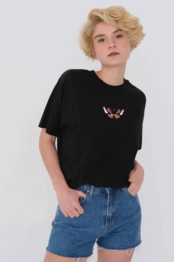 Kadın Siyah Önü Kelebek Baskılı Bisiklet Yaka Oversize Pamuklu T-shirt