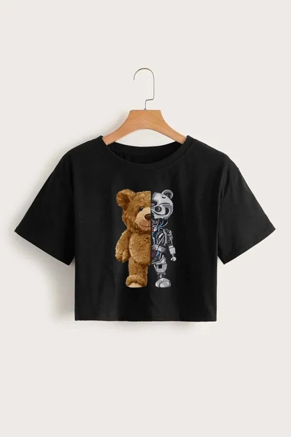 Griland Kadın Siyah Oversize Bear Robotic Baskılı Crop Tişört
