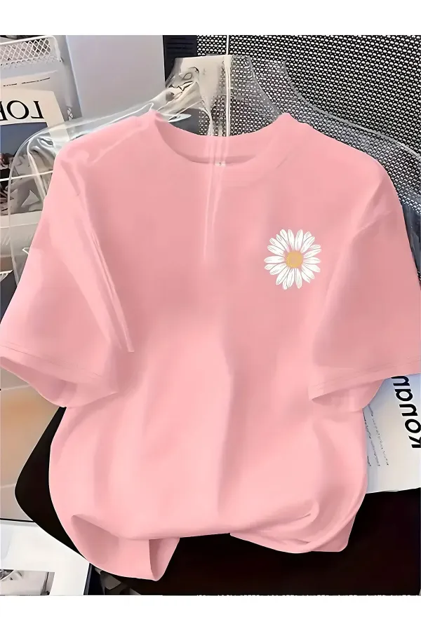Unisex Papatya Desenli Baskılı Oversize Tişört