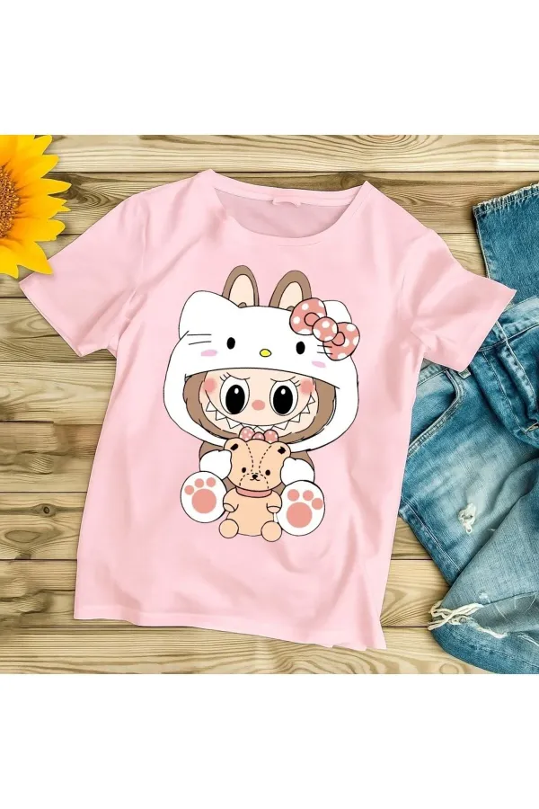 LABUBU KITTY PRINTED OVERSIZED CHILDREN'S T-SHIRT