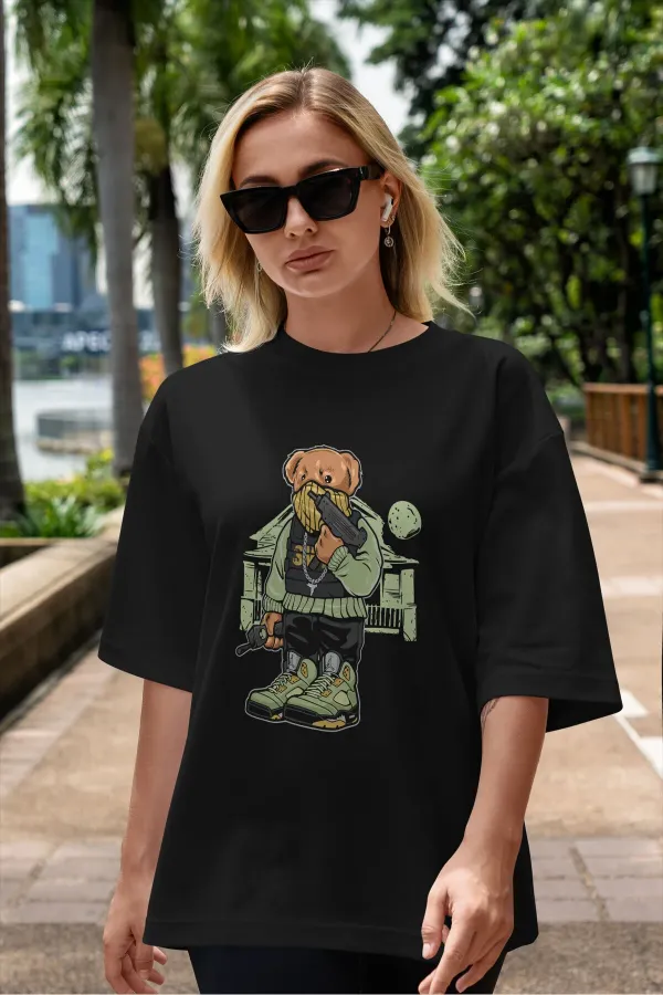 Unisex Men's/Women's GANGSTA BEAR Custom Printed Oversize Cotton Crew Neck T-Shirt