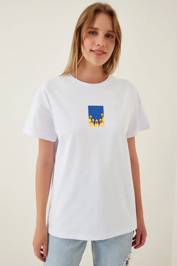 Kadın Beyaz Ördek Baskılı Bisiklet Yaka Oversize Pamuklu T-shirt