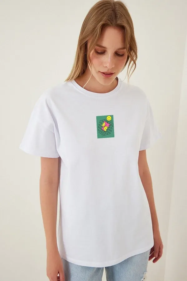 Women's Light Blue Front Panda Printed Crew Neck Oversize Cotton T-shirt