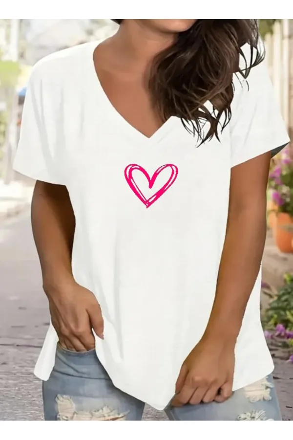 Kadın V yaka Baskılı siyah/Beyaz Oversize Boyfriend T-Shirt