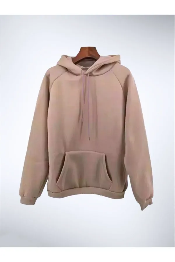 Unisex Kapüşonlu Kanguru Cep Düz Bisküvi Rengi Sweatshirt