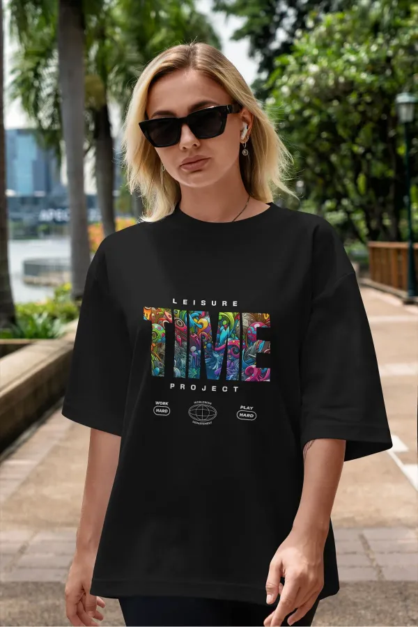 Unisex Erkek/Kadın TIME Renkli Özel Baskılı Oversize Pamuklu Bisiklet Yaka T-Shirt Tişört