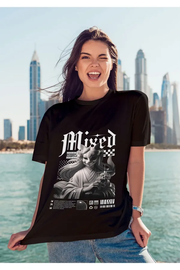 Unisex Erkek/Kadın MIXED Renkli Özel Baskılı Oversize Pamuklu Bisiklet Yaka T-Shirt Tişört
