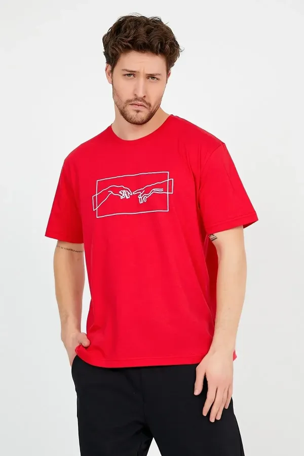 Unisex Red Creation of Adam Printed Loose Cut Oversized Cotton T-shirt