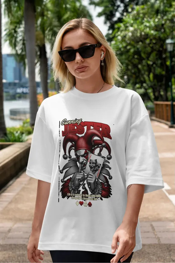 Unisex Erkek/Kadın JESTER Renkli Özel Baskılı Oversize Pamuklu Bisiklet Yaka T-Shirt Tişört