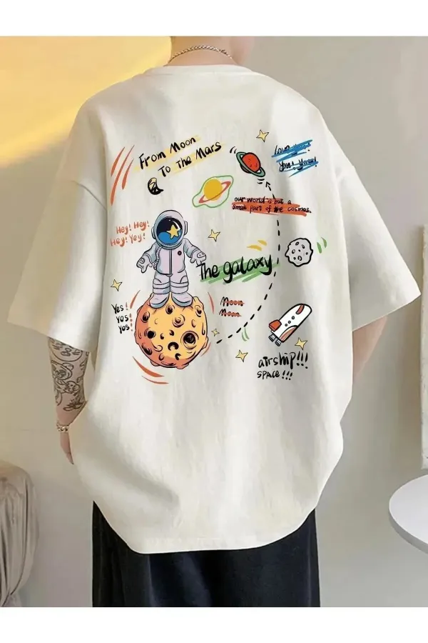 Unisex White Planet Printed Oversize Crew Neck White Black T-shirt