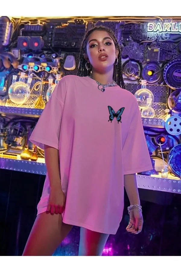 T-shirt rose, T-shirt oversize en coton peigné imprimé papillon bleu