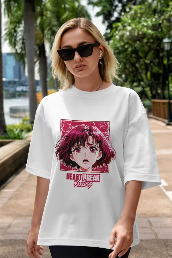 Unisex Erkek/Kadın HEARTH BREAK Renkli Özel Baskılı Oversize Pamuklu Bisiklet Yaka T-Shirt Tişört