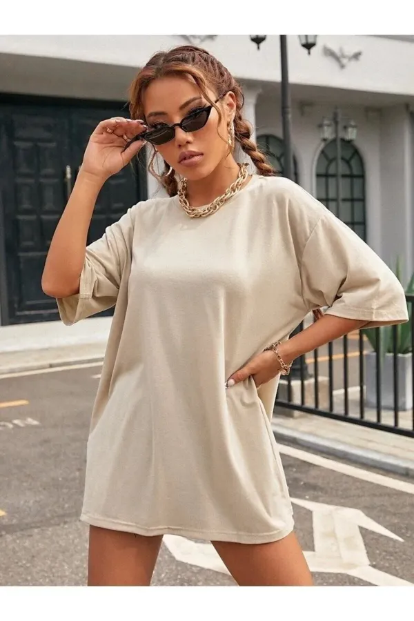 Unisex Beige Crew Neck Cotton Oversize Boyfriend T-shirt