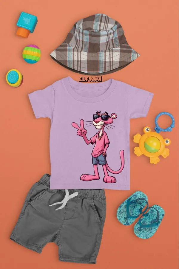 Pembe Panter Detay Baskılı Kız/Erkek Çocuk T-Shirt