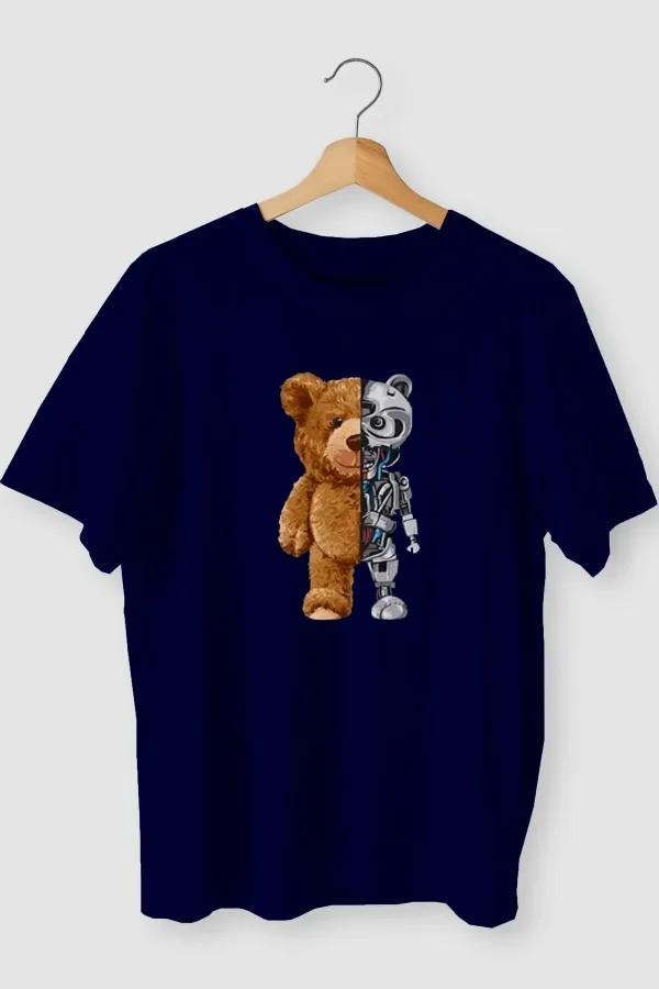 Griland Oversize Unisex Navy Blue Bear Robotic Printed T-Shirt