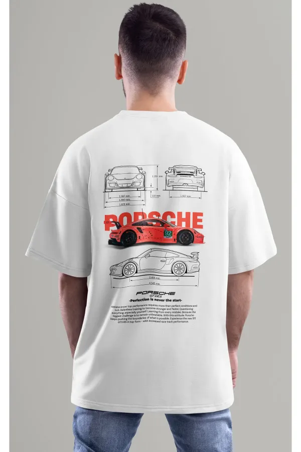 Unisex Erkek/Kadın PORSCHE GT3 Renkli Özel Baskılı Oversize Pamuklu Bisiklet Yaka T-Shirt Tişört