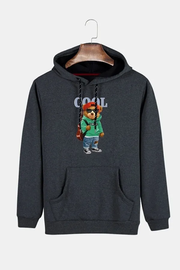 Unisex Füme Kapüşonlu Cool Ayıcık Baskılı Slim Fit Kanguru Cepli Sweatshirt