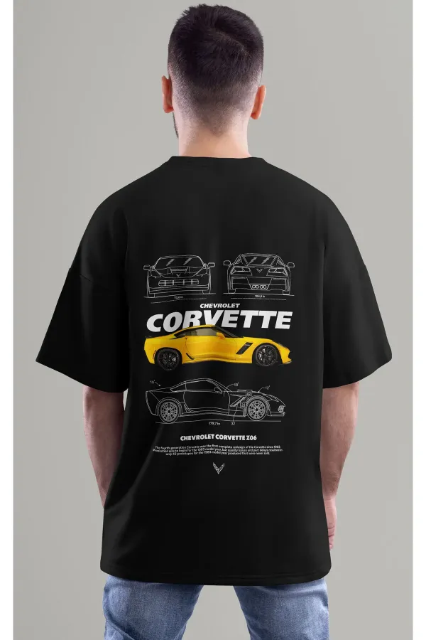 Unisex Erkek/Kadın CORVETTE Z06 Renkli Özel Baskılı Oversize Pamuklu Bisiklet Yaka T-Shirt Tişört