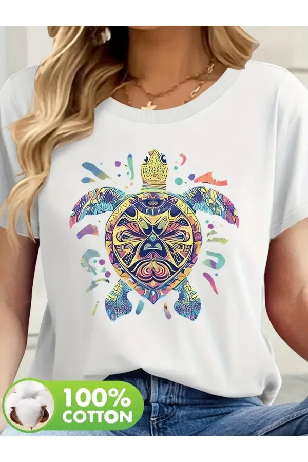 Turtle Printed Oversized Combed Cotton T-shirt