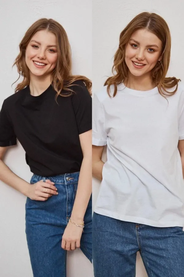 Women's Black and White 2-Pack Crew Neck Cotton Oversize T-shirt Lkr10242