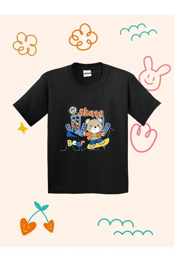 Kaykay Yapan Ayıcık Baskılı Çocuk T-shirt