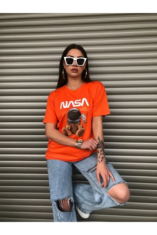 Oversized NASA Teddy Bear Printed Unisex Orange T-shirt