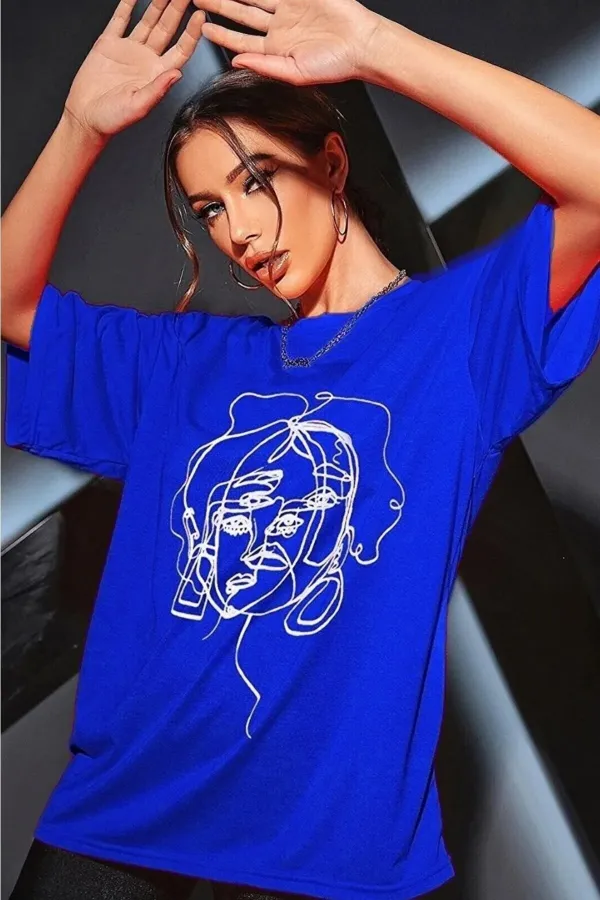 Women's Sax Blue Face Print Detailed Oversize T-shirt