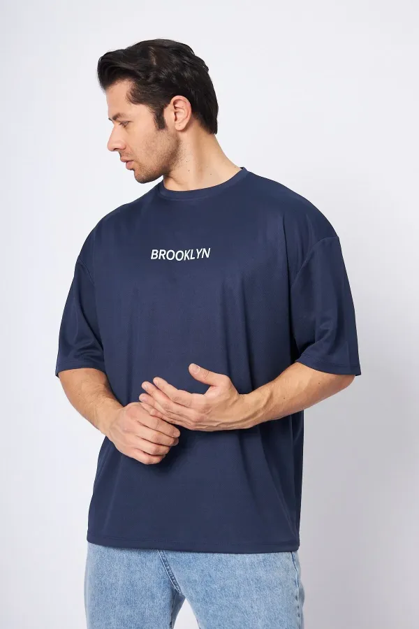 Sports T-shirt Men's Navy Blue Color Brooklyn Printed Round Neck Fabric