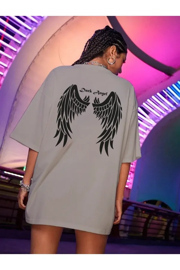 Gray T-shirt Black Wing Print Oversize