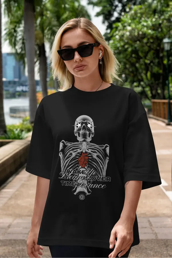 Unisex Erkek/Kadın WAKE UP Renkli Özel Baskılı Oversize Pamuklu Bisiklet Yaka T-Shirt Tişört