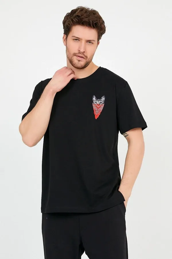 Unisex Black Cat Printed Loose Cut Oversize Cotton T-shirt