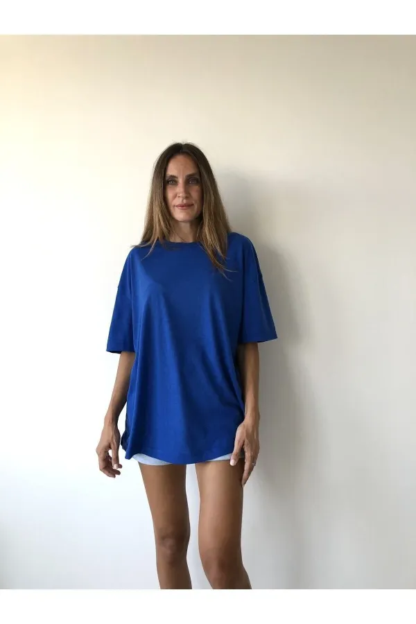 Unisex Pamuk Bisiklet Yaka Boyfriend Örme Oversize T-shirt