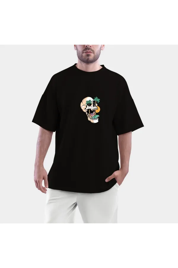 Skull on Vacation Printed Black Combed Cotton Oversize T-shirt