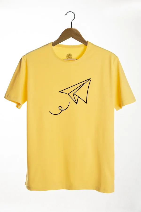Erkek Sarı Önü Uçak Baskılı Bisiklet Yaka Oversize T-shirt